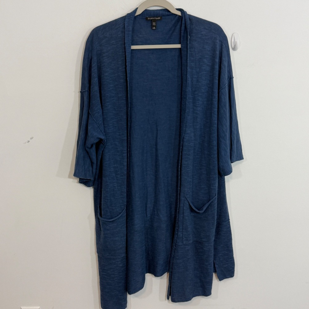 Eileen Fisher Womens Cardigan L/XL Blue Organic Linen Blend Lagenlook Kimono - Picture 2 of 13